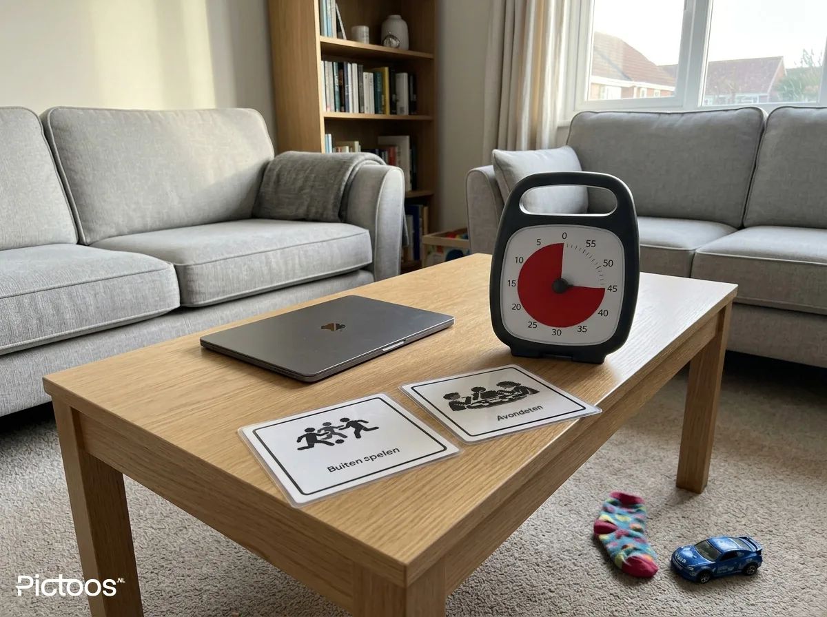 Visuele timer en tablet met twee picto-kaartjes ervoor