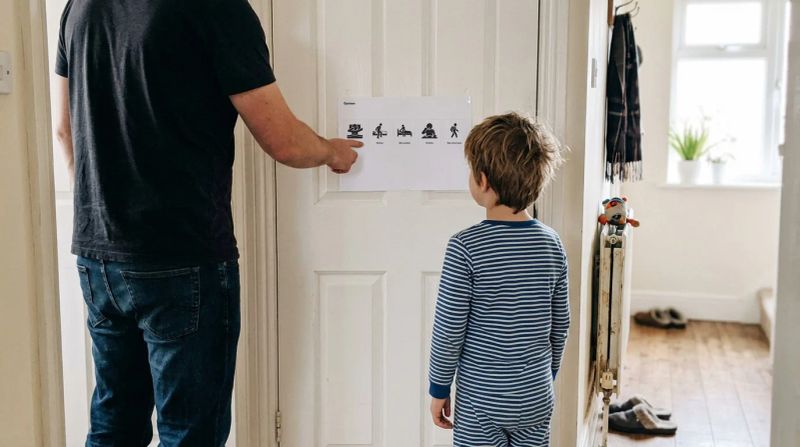 Ouder en kind bij een slaapkamerdeur met een dagritme van picto's