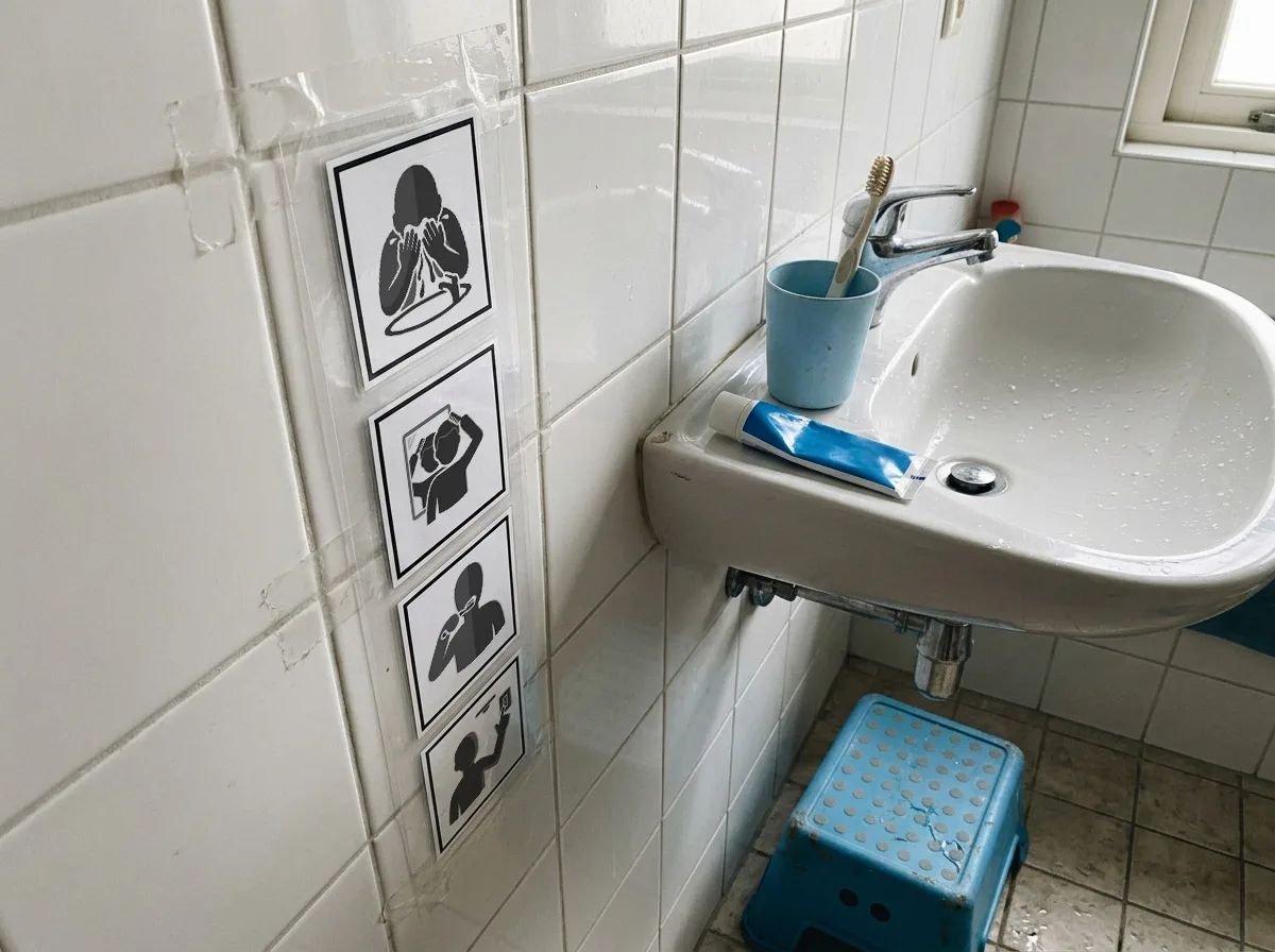 Picto's voor tanden poetsen op ooghoogte naast een wastafel