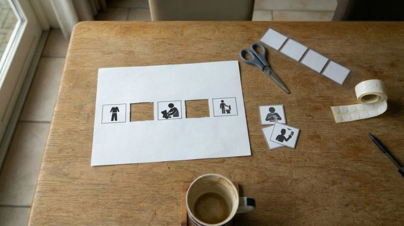Losgeknipte picto-kaartjes en een schaar op een keukentafel