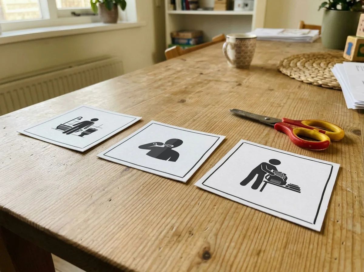Losgeknipte picto-kaartjes in een rij naast een schaar