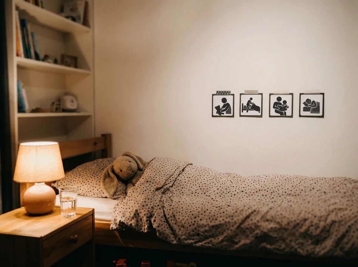Strip met picto's aan de muur naast een kinderbed